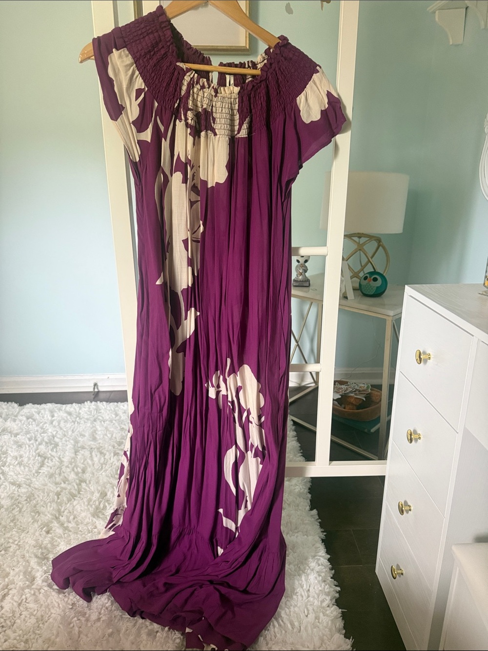 Anthropologie Purple and Cream Floral Off-Shoulder Maxi